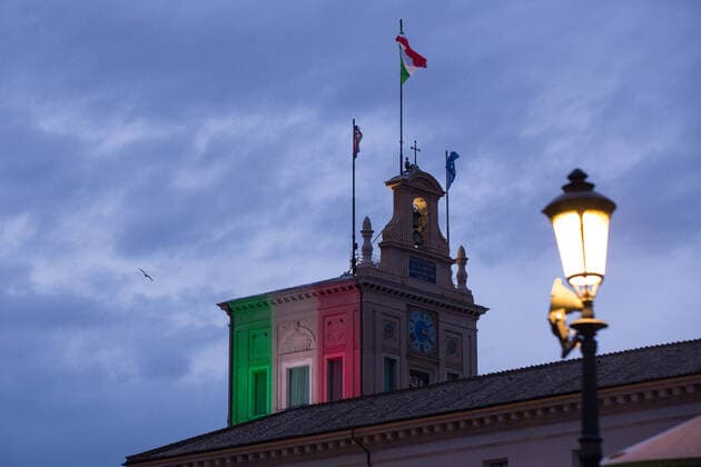 Rome: Quirinale illuminated with Italian Flag President of Italian Republic Sergio Mattarella recalls the deaths of the Covid-19 pandemic by illuminating the tower of the Quirinale Palace in white, red and green, colors of Italian Flag Roma RM Italy Copyright: MatteoxNardone