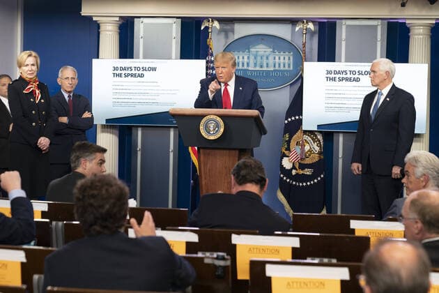 United States President Donald J. Trump participates in a news briefing by members of the Coronavirus Task Force at the White House in Washington, DC on Tuesday, March 31, 2020.  WAX20200331221 CHRISxKLEPONIS