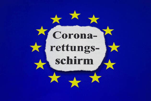 European flag and lettering Coronary rescue umbrella European flag and lettering Coronary rescue umbrella, 30 03 2020, Borkwalde, Brandenburg, Germany, On a European flag is the lettering Coronary rescue umbrella