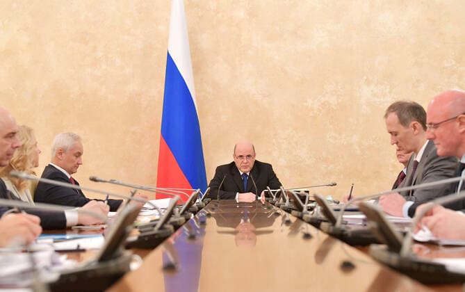MOSCOW, RUSSIA - APRIL 1, 2020: Russia s Prime Minister Mikhail Mishustin (C) during a meeting of the Presidium of the Russian coordination council on managing the COVID-19 coronavirus at the House of the Russian Government. Alexander Astafyev POOL TASS  TS0D40C4