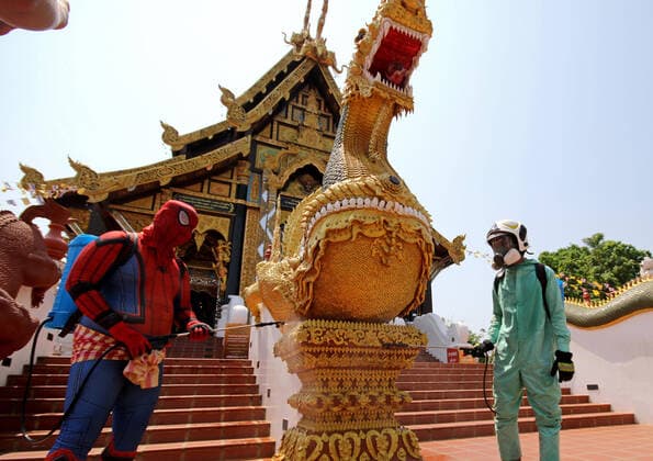 April 1, 2020, Bangkok, Thailand: Thai official dresses in Spiderman costumes spray disinfectant during a precaution against Coronavirus Covid-19 at Tha Mai temple suburb of Bangkok on April 01, 2020. Globally, the virus has now infected more than 861,261 people and killed at least 42,387. Bangkok Thailand - ZUMAu103 20200401_zia_u103_003 Copyright: xUrdeexImagex
