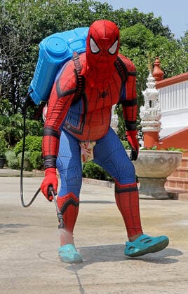 April 1, 2020, Bangkok, Thailand: Thai official dresses in Spiderman costumes spray disinfectant during a precaution against Coronavirus Covid-19 at Tha Mai temple suburb of Bangkok on April 01, 2020. Globally, the virus has now infected more than 861,261 people and killed at least 42,387. Bangkok Thailand - ZUMAu103 20200401_zia_u103_005 Copyright: xUrdeexImagex