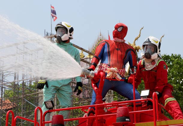 April 1, 2020, Bangkok, Thailand: Thai official dresses in Spiderman costumes spray disinfectant during a precaution against Coronavirus Covid-19 at Tha Mai temple suburb of Bangkok on April 01, 2020. Globally, the virus has now infected more than 861,261 people and killed at least 42,387. Bangkok Thailand - ZUMAu103 20200401_zia_u103_008 Copyright: xUrdeexImagex