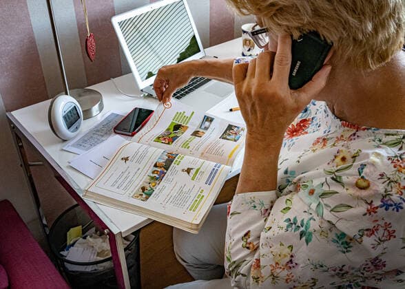 Education teacher, correcting homework, correction, school, censorship, grades, while the school is closed due to Coronavirus Covid 19, teacher teaches by phone and MacBook the students from the home office Model release teacher