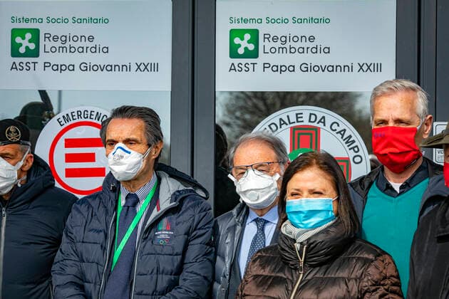 Bergamo Coronavirus - the President of the Lombardy Region Attilio Fontana visiting the Campo degli Alpini hospital (Foto Sergio Agazzi Fotogramma, Bergamo - 2020-04-01) p.s. la foto e utilizzabile nel rispetto del contesto in cui e stata scattata, e senza intento diffamatorio del decoro delle persone rappresentate  Copyright: xFotox SergioxAgazzix xFOTOGRAMMAx
