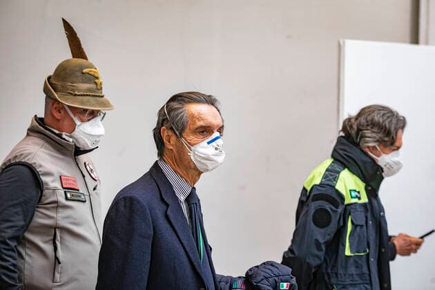 Bergamo Coronavirus - the President of the Lombardy Region Attilio Fontana visiting the Campo degli Alpini hospital (Foto Sergio Agazzi Fotogramma, Bergamo - 2020-04-01) p.s. la foto e utilizzabile nel rispetto del contesto in cui e stata scattata, e senza intento diffamatorio del decoro delle persone rappresentate  Copyright: xFotox SergioxAgazzix xFOTOGRAMMAx