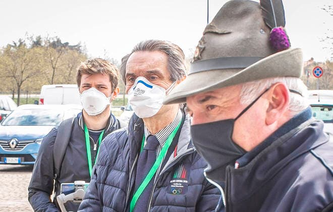 Bergamo Coronavirus - the President of the Lombardy Region Attilio Fontana visiting the Campo degli Alpini hospital (Foto Sergio Agazzi Fotogramma, Bergamo - 2020-04-01) p.s. la foto e utilizzabile nel rispetto del contesto in cui e stata scattata, e senza intento diffamatorio del decoro delle persone rappresentate  Copyright: xFotox SergioxAgazzix xFOTOGRAMMAx