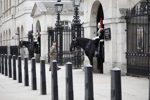 Day Nine of Lockdown in London. A very quiet Whitehall as the Household Cavalry remain on duty. The country is on lockdown due to the COVID-19 Coronavirus pandemic. People are not allowed to leave home except for minimal food shopping, medical treatment, exercise - once a day, and essential work. COVID-19 Coronavirus lockdown, London, UK, on April 1, 2020 