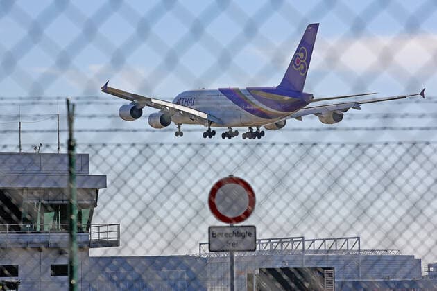 Coronavirus fear, effects because of the coronavirus Covid 19 , the travel industry, airlines in the coronavirus crisis, an aircraft of Thai Airways International Airbus A380 841 identification HS TUC lands at Frankfurt a M airport, in the foreground a traffic sign, transit prohibited, ban on vehicles of all kinds, entitled free Frankfurt a M airport on 01 04 2020 in Frankfurt a M Germany