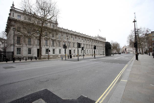 Day Nine of Lockdown in London. An almost deserted Whitehall at 12.30pm. The country is on lockdown due to the COVID-19 Coronavirus pandemic. People are not allowed to leave home except for minimal food shopping, medical treatment, exercise - once a day, and essential work. COVID-19 Coronavirus lockdown, London, UK, on April 1, 2020 