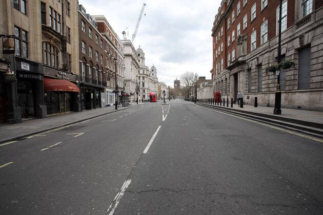 Day Nine of Lockdown in London. An almost deserted Whitehall at 12.20pm as the country is on lockdown due to the COVID-19 Coronavirus pandemic. People are not allowed to leave home except for minimal food shopping, medical treatment, exercise - once a day, and essential work. COVID-19 Coronavirus lockdown, London, UK, on April 1, 2020 