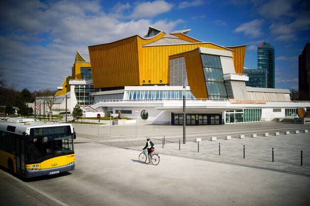 01 04 2020,Berlin,Germany,GER,the city in times of the Corona Pandemic Berlin Philharmonic Hall at Herbert von Karajan Straße 1 in Berlins Tiergarten district Until further notice all events are cancelled due to the Corona Pandemic BVG Bus 200 Cyclists