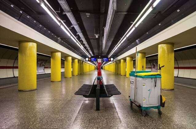 April 1, 2020, Munich, Bavaria, Germany: A subway station in Munich with a cart from a cleaning service. As the Coronavirus spreads, this is becoming a more common sight. Despite being cautiously optimistic regarding the efforts to flatten the curve, Parts of Germany, such as Bavaria, have announced extensions to the daily life restrictions at least until April and with certain portions extending beyond. Munich Germany - ZUMAb160 20200401_zbp_b160_045 Copyright: xSachellexBabbarx