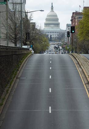 North Capitol Street leading to the U.S. Capitol Building is seen nearly empty after the DC Government issues a stay at home order to help combat the Coronavirus, COVID-19, pandemic, in Washington, D.C. on Wednesday, April 1, 2020.  WAP20200401317 KEVINxDIETSCH
