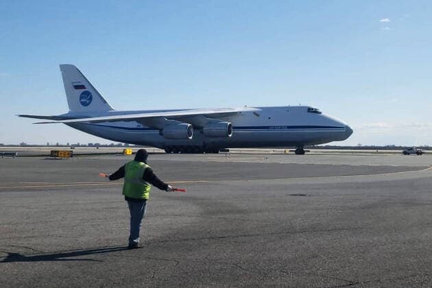 NEW YORK CITY, USA - APRIL 1, 2020: A Russian Aerospace Forces plane carrying medical equipment has landed at John F. Kennedy International Airport. Russian President Vladimir Putin and US President Donald Trump discussed the details on the phone on March 30, 2020, Russia offered help amid the coronavirus situation in the USA. The Press Office of the Permanent Mission of the Russian Federation to the United Nations TASS  TS0D425A