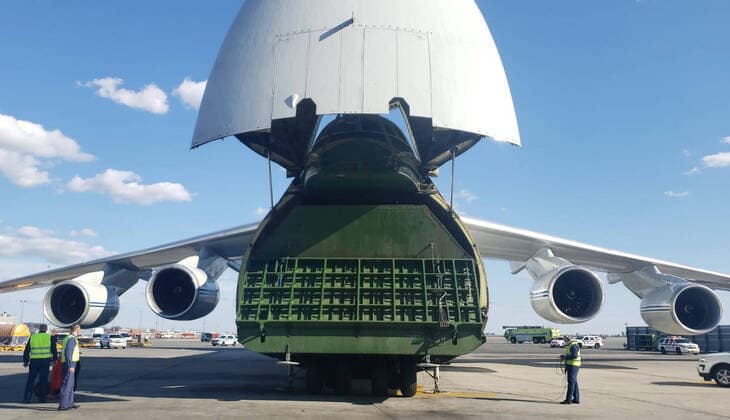 NEW YORK CITY, USA - APRIL 1, 2020: A Russian Aerospace Forces plane carrying medical equipment has landed at John F. Kennedy International Airport. Russian President Vladimir Putin and US President Donald Trump discussed the details on the phone on March 30, 2020, Russia offered help amid the coronavirus situation in the USA. The Press Office of the Permanent Mission of the Russian Federation to the United Nations TASS  TS0D425D