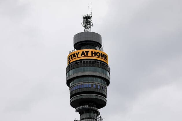 (200401) -- LONDON, April 1, 2020 (Xinhua) -- The BT Tower displays a message Stay at home in London, Britain, on April 1, 2020. According to the Department of Health and Social Care, the number of confirmed COVID-19 cases in Britain reached 29,474 as of Wednesday morning, an increase of 4,324 in 24 hours. (Photo by Tim Ireland Xinhua) BRITAIN-LONDON-COVID-19-CASES 