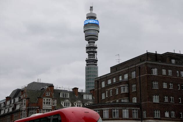 (200401) -- LONDON, April 1, 2020 (Xinhua) -- The BT Tower displays a message Protect the NHS in London, Britain, on April 1, 2020. According to the Department of Health and Social Care, the number of confirmed COVID-19 cases in Britain reached 29,474 as of Wednesday morning, an increase of 4,324 in 24 hours. (Photo by Tim Ireland Xinhua) BRITAIN-LONDON-COVID-19-CASES 