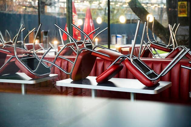 Pulled up chairs in a closed Burger King in Berlin on 1 April 2020 To slow the spread of the coronavirus SARS CoV 2, the federal and state governments decided to impose further restrictions after museums, theaters, sports