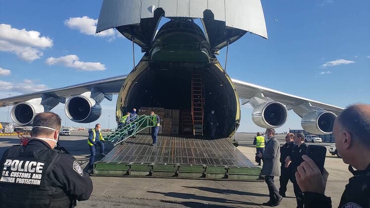 NEW YORK CITY, USA - APRIL 1, 2020: A Russian Aerospace Forces plane carrying medical equipment has landed at John F. Kennedy International Airport. Russian President Vladimir Putin and US President Donald Trump discussed the details on the phone on March 30, 2020, Russia offered help amid the coronavirus situation in the USA. The Press Office of the Permanent Mission of the Russian Federation to the United Nations TASS  TS0D4261