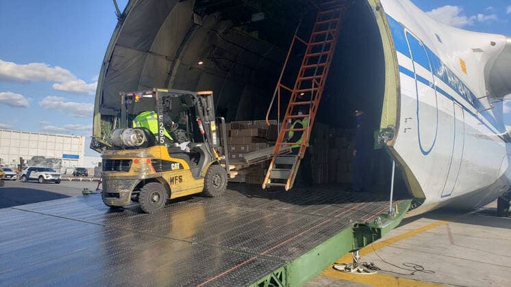 NEW YORK CITY, USA - APRIL 1, 2020: Unloading a Russian Aerospace Forces plane carrying medical equipment at John F. Kennedy International Airport. Russian President Vladimir Putin and US President Donald Trump discussed the details on the phone on March 30, 2020, Russia offered help amid the coronavirus situation in the USA. The Press Office of the Permanent Mission of the Russian Federation to the United Nations TASS  TS0D4262