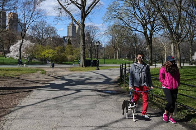 200401 A couple wearing masks when walking in Central Park as the coronavirus, COVID 19, outbreak continues on April 1, 2020 in New York, NY, USA Across the city businesses, schools and places of work have been shutting down, leading to empty streets and quiet neighborhoods Photo Joel Marklund BILDBYRAN kod JM 88128 bbeng coronavirus covid 19 virus corona sjukdom,  Copyright: JOELxMARKLUND 47112324st