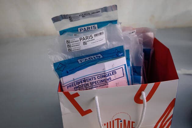 (200402) -- PARIS, April 2, 2020 (Xinhua) -- Samples are seen at a COVID-19 drive-in test center in Paris, France, April 1, 2020. A COVID-19 drive-in and screening center has opened at the City Hall of the 17th arrondissement of Paris in partnership with three laboratories in the arrondissement and is dedicated to healthcare professionals. (Photo by Aurelien Morissard Xinhua) FRANCE-PARIS-CORONAVIRUS-DRIVE IN TEST 