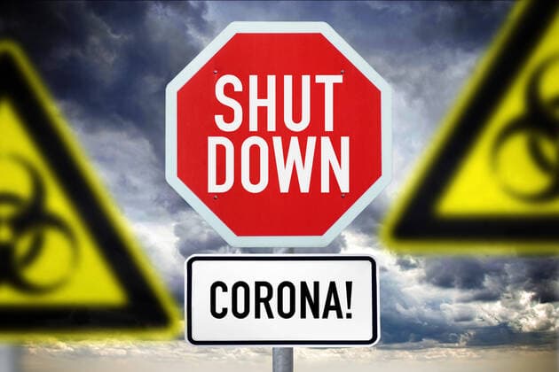 PHOTO MOUNTING, Shutdown sign and biohazard signs, symbol photo Corona Shutdown ** NUR FUER REDAKTIONELLE ZWECKE ** EDITORIAL USE ONLY **