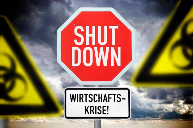 PHOTOMONTAGE, signs with inscription Shutdown and economic crisis and biohazard signs, symbol photo Corona Shutdown ** NUR FUER REDAKTIONELLE ZWECKE ** EDITORIAL USE ONLY **