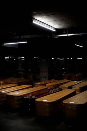 View of several coffins kept at the parking lot of the funeral home of the town of Collserola, Barcelona, Spain, 2 April 2020. The coffins are kept in the parking to avoid the collapse of the morgues of surrounding hospitals. Spain faces the 19th consecutive day of mandatory home confinement in a bid to slow down the spread of the pandemic COVID-19 disease caused by the SARS-CoV-2 coronavirus. Lockdown during coronavirus !ACHTUNG: NUR REDAKTIONELLE NUTZUNG!  Copyright: xQuiquexGarciax GRAFCAT4100 20200402-637214313239269320