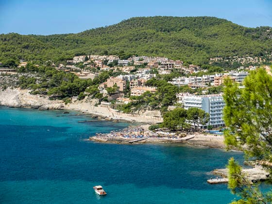 Spain, Balearic Islands, Camp de Mar, Coastal town in summer with forested hill in background  AMF07893