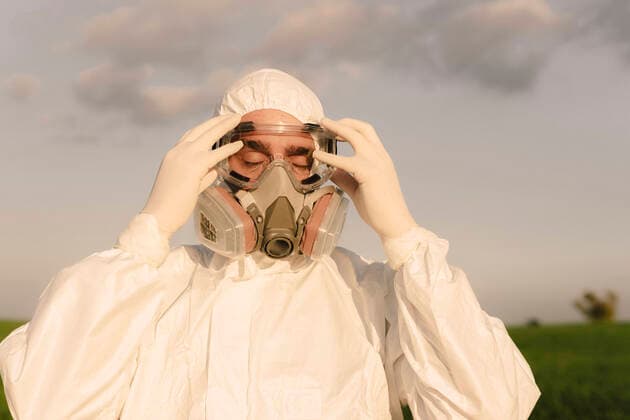 Portait of man with closed eyes wearing protective suit and mask model released Symbolfoto  ERRF02636