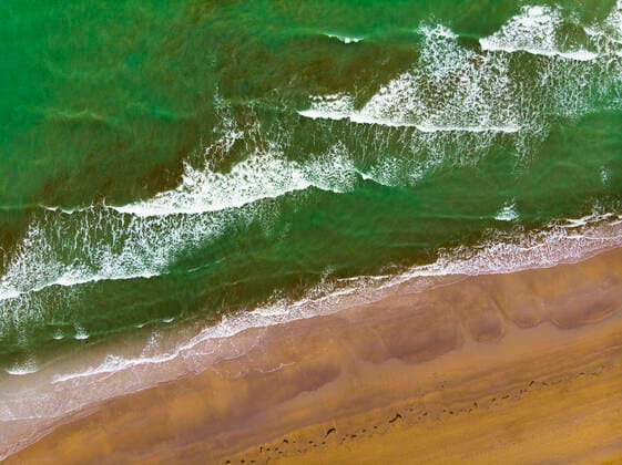 Italy, Province of Udine, Lignano, Drone view of sandy coastal beach and green water of Adriatic Sea  GIOF08044