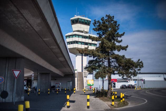 Tegel Airport, TXL The main building of Tegel Airport, with tower Berlin Tegel Otto Lilienthal Airport is only operated to a very limited extent due to the corona crisis, there is a total emptiness in front of Tegel Airport Berlin Tegel TXL Tegel Airport Commercial Airport Air Traf