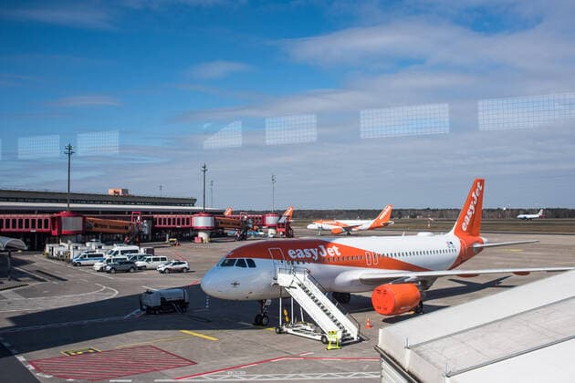 Airport Tegel, TXL The passenger jets of the airline EASY JET are on the ground, with covered engines, air traffic has been stopped, at be