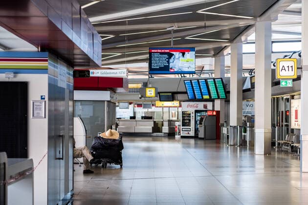 Tegel Airport, TXL A baggage trolley with suitcases and sombrero is standing in the otherwise empty Tegel Airport building Berlin Tegel Otto Lilienthal Airport is only operated to a very limited extent due to the corona crisis; there i