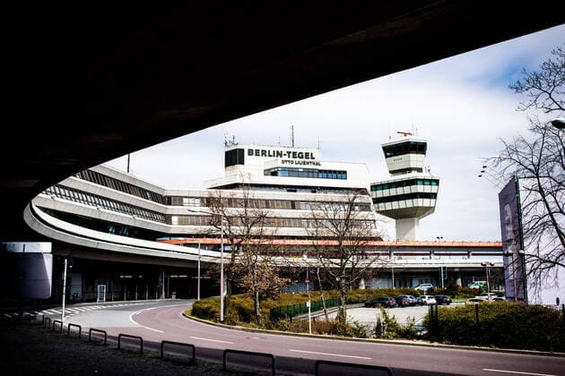 Tegel Airport, TXL The access roads to the main building of Tegel Airport, with tower Berlin Tegel Otto Lilienthal Airport is only operated to a very limited extent due to the corona crisis; there is a total void in front of Tegel Airport Berlin Tegel TXL Teg