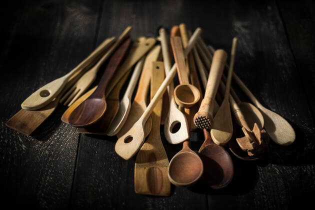 Pile of various wooden kitchen utensils  MAEF12968