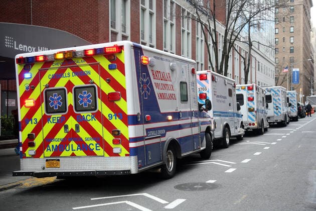 April 2, 2020, New York City, New York, US: Hectic scene at an overwhelmed Lennox Hill Hospital on Manhattan s East-side on 2 April, 2020, with some coronavirus (COVID-19) patients being transported to the hospital and others being moved. Hectic scene at an overwhelmed Lennox Hill Hospital on Manhattan s East-side on 2 April, 2020, with some coronavirus (COVID-19) patients being transported to the hospital and others being moved. Pictured is a line of ambulances on stand-by. New York City US - ZUMAl135 20200402_zap_l135_028 Copyright: xG.xRonaldxLopezx