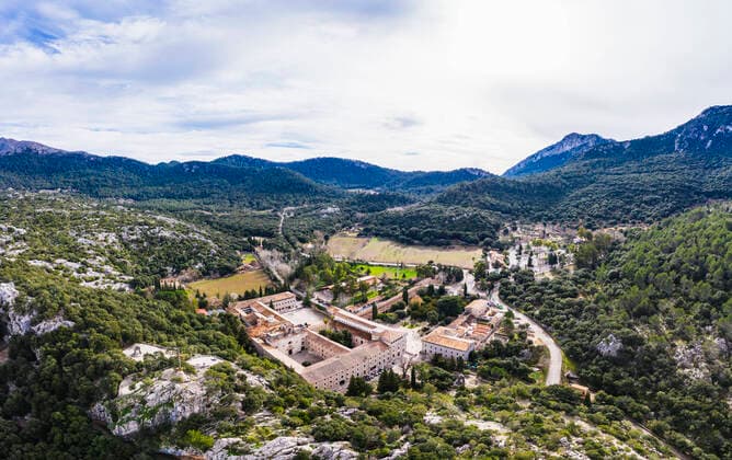 Spain, Balearic Islands, Escorca, Drone view of Santuari de Lluc monastery  SIEF09604