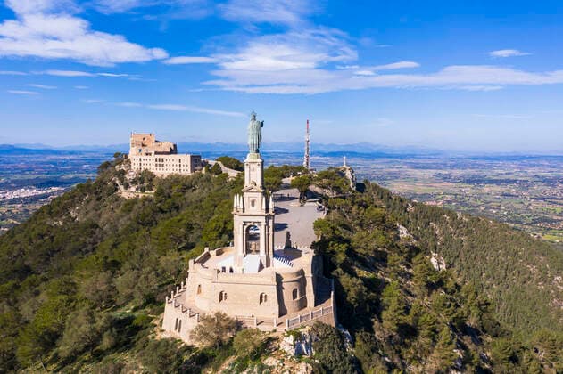 Spain, Balearic Islands, Felanitx, Drone view of Jesus Christ monument at Sanctuary of Sant Salvador  SIEF09620