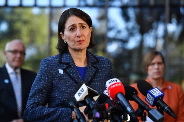 GLADYS BEREJIKLIAN COVID-19 UPDATE, NSW Premier Gladys Berejiklian with NSW Minister for Finance and Small Business Damien Tudehope (2nd from left) and NSW Chief Health Officer Dr Kerry Chant (right) update the NSW public on the latest coronavirus measures and statistics, in Sydney, Friday, April 3, 2020. ( NO ARCHIVING, EDITORIAL USE ONLY, NO USE IN BOOKS WITHOUT CONSENT SYDNEY NSW AUSTRALIA  Copyright: xDEANxLEWINSx 20200403001461527185