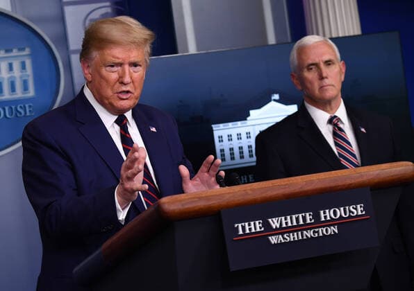 April 2, 2020, Washington, District of Columbia, USA: United States President Donald J. Trump, joined by US Vice President Mike Pence delivers remarks at a Coronavirus briefing at the White House on Thursday, April 2, 2020 in Washington, DC. Due to the COVID-19 pandemic, at least 5,700 people have died in the United States with more than 200,000 infected. More than 10 million people have lost their jobs in the U.S. in the past two weeks. .Credit: Pool via CNP Washington USA - ZUMAs152 20200402_zaa_s152_039 Copyright: xKevinxDietschx