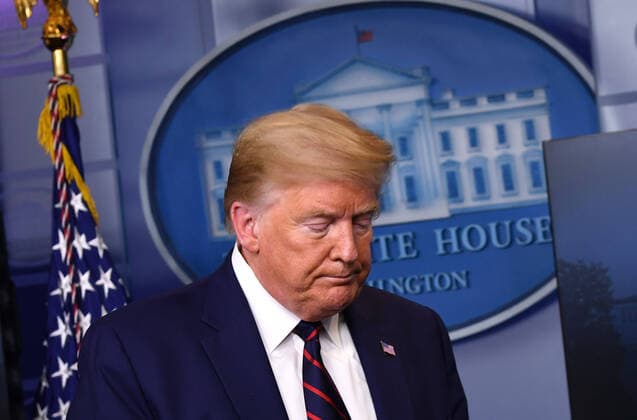 United States President Donald J. Trump leaves the podium after delivering remarks at a Coronavirus briefing at the White House on Thursday, April 2, 2020 in Washington, DC. Due to the COVID-19 pandemic, at least 5,700 people have died in the United States with more than 200,000 infected. More than 10 million people have lost their jobs in the U.S. in the past two weeks. Copyright: xKevinxDietschx