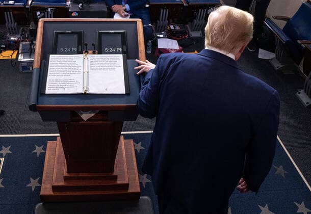 United States President Donald J. Trump leaves the podium after speaking at a Coronavirus briefing at the White House on Thursday, April 2, 2020 in Washington, DC. Due to the COVID-19 pandemic, at least 5,700 people have died in the United States with more than 200,000 infected. More than 10 million people have lost their jobs in the U.S. in the past two weeks. Copyright: xKevinxDietschx