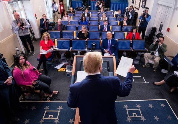 United States President Donald J. Trump delivers remarks at a Coronavirus briefing at the White House on Thursday, April 2, 2020 in Washington, DC. Due to the COVID-19 pandemic, at least 5,700 people have died in the United States with more than 200,000 infected. More than 10 million people have lost their jobs in the U.S. in the past two weeks. Copyright: xKevinxDietschx