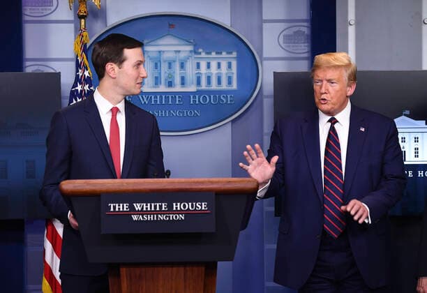 April 2, 2020, Washington, District of Columbia, USA: United States President Donald J. Trump, right, speaks to his son-in-law Senior Advisor Jared Kushner at a Coronavirus briefing at the White House on Thursday, April 2, 2020 in Washington, DC. Due to the COVID-19 pandemic, at least 5,700 people have died in the United States with more than 200,000 infected. More than 10 million people have lost their jobs in the U.S. in the past two weeks. .Credit: Pool via CNP Washington USA - ZUMAs152 20200402_zaa_s152_066 Copyright: xKevinxDietschx