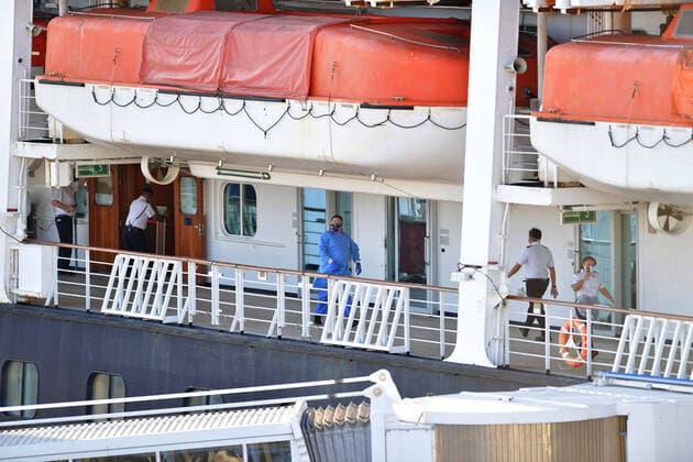 April 2, 2020, Fort Lauderdale, Florida, United States Of America: FORT LAUDERDALE, FL - APRIL 02: COVID-19 -Two Coronavirus-Impacted Cruise Ships the MS Zaandam and MS Rotterdam Cleared to Dock in Port Everglades Florida with dead and sick aboard After Weeks at Sea. While the MS Zaandam arrived first and looked like a ghost ship of death. Seen here the healthy people that were transferred to the MS Rotterdam from the MS Zaandam at sea look joyful as finally a country takes them in on April 2, 2020 at Port Everglades in Fort Lauderdale, Florida..People: MS Rotterdam Fort Lauderdale United States Of America - ZUMAn287 20200402_zaa_n287_164 Copyright: xSMGx