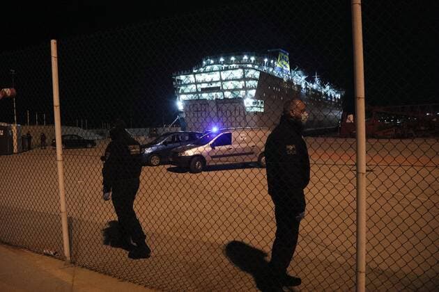 April 2, 2020, Piraeus, Greece: Health authorities monitoring the 383 passengers and crew on a ferry that is in quarantine off the coast of Piraeus said that the number of confirmed Covid-19 cases on board the vessel has jumped to at least 120 from an initial 20..The Greek-owned Eleftherios Venizelos has a crew of 34 people and an international passenger list of 349 shipyard workers who were turned back from a Turkish-backed cruise ship project in Spain when the coronavirus epidemic broke out there, before stopping at Piraeus last week on their way to Turkey, according to some reports. Other reports suggested that the ship was sailing from Turkey to Spain when it stopped at Piraeus on March 22 after two passengers became ill. Piraeus Greece - ZUMAe114 20200402_zaa_e114_001 Copyright: xEurokinissix