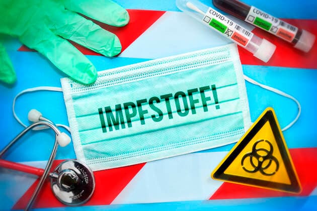 PHOTOMONAY, breathing mask with inscription vaccine, Covid 19 blood sample, protective glove, biohazard sign, stethoscope and barrier tape, symbol photo coronavirus crisis ** NUR FUER REDAKTIONELLE ZWECKE ** EDITORIAL USE ONLY **